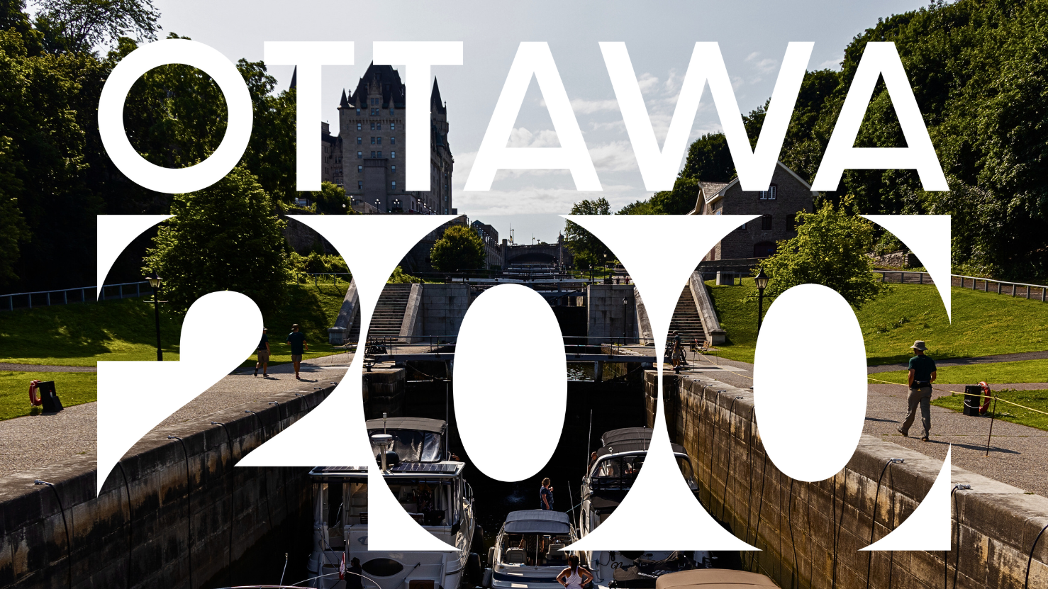 Ottawa Locks with the Chateau Laurier on the left, and the Bytown Museum on the right. Overlayed graphic which reads &quot;Ottawa 200&quot;.