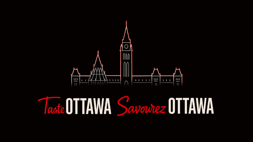 Silhouette illustration of Parliament in red and white. Underneath, the text reads "Taste Ottawa Savourez Ottawa".