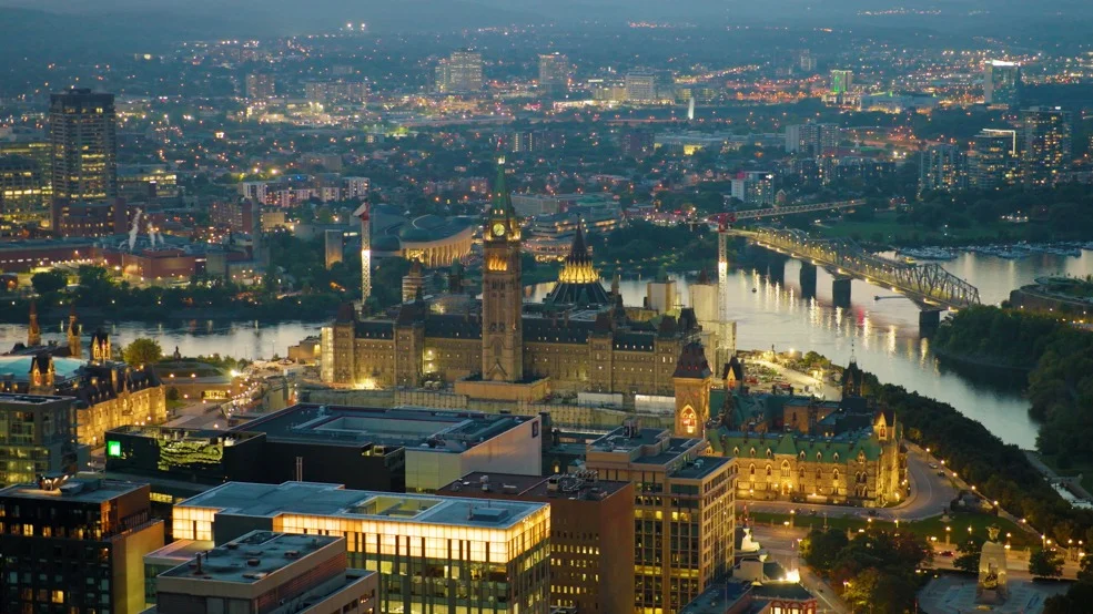 Aerial view of Parliament Hill and the Ottawa River.