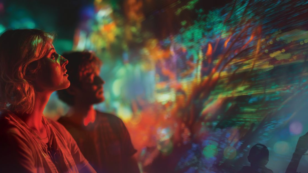A woman looks at a multicolour light display.