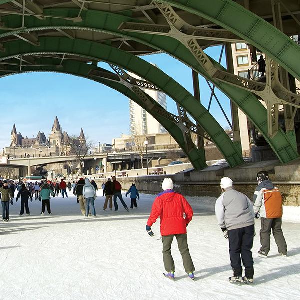 People ice skating on the Rideau Canal in the winter