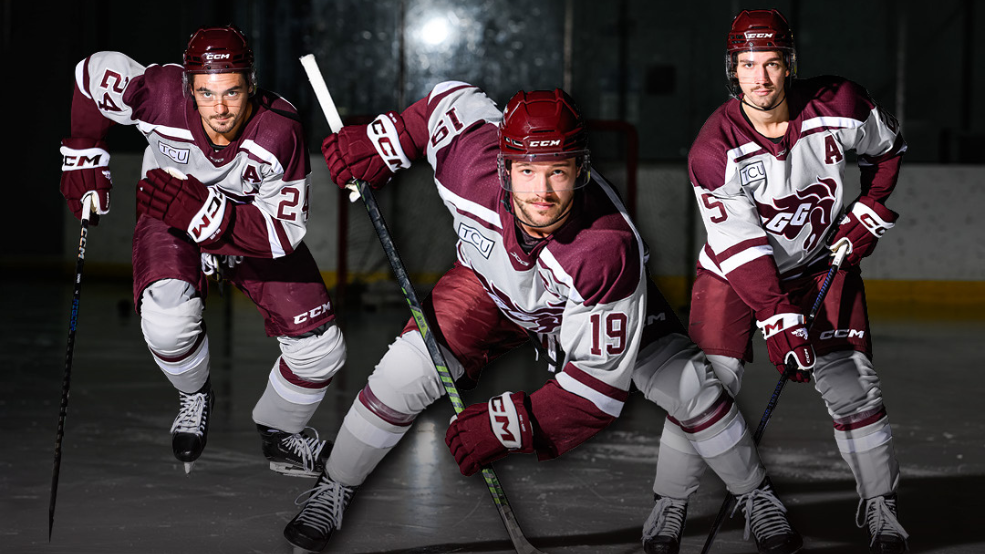 Image of 3 GeeGees hockey players posing seriously with gear