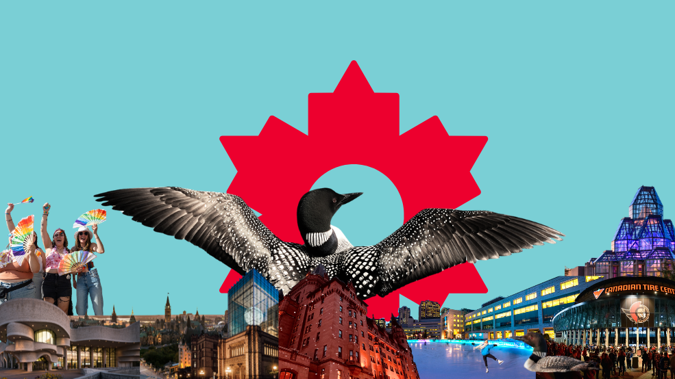 Collage of Ottawa landmarks and loons on a turquoise background. 