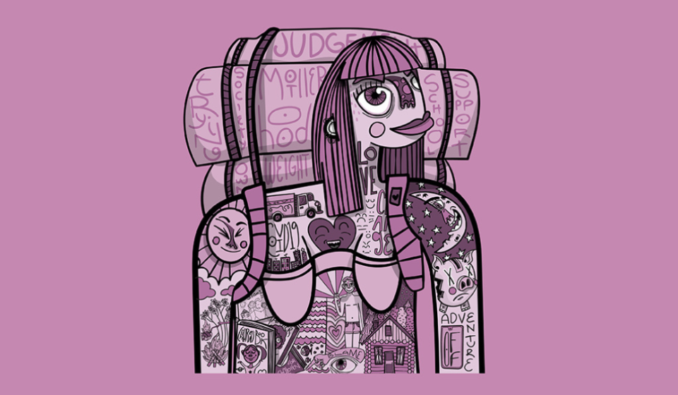 ink drawing of woman with backpack and tattoos on mauve background