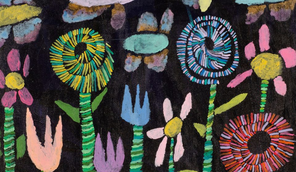 An abstract acrylic painting of flowers called "Butterfly Bounce" by Debbie Ratcliffe.