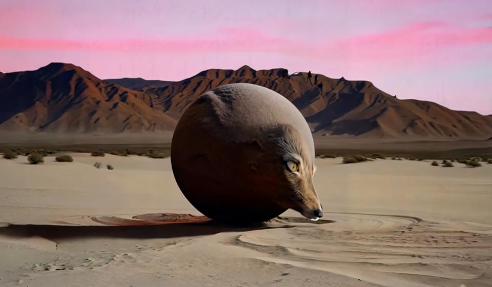 video still of a circular object set against a desert backdrop