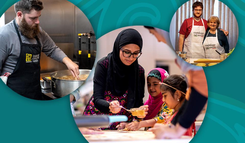 A colorful collage of people engaged in food preparation in a kitchen.