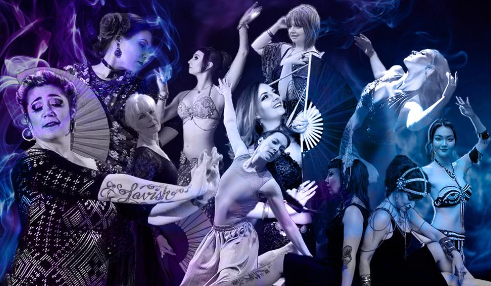 A group of dancers on a dark, smoky background.