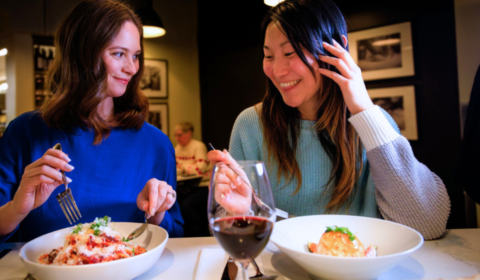 Two women eating at an Italian restaurant