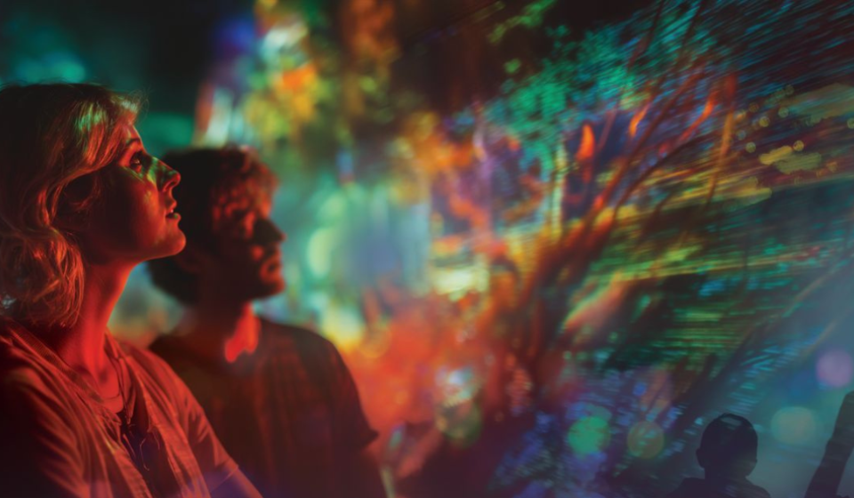 A woman looks at a multicolour light display.