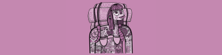 ink drawing of woman with backpack and tattoos on mauve background