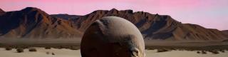 video still of a circular object set against a desert backdrop