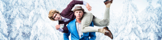 Performers Aaron Malkin and Alastair Knowles pose comedically in a promotional photo of their production O Christmas Tea. In the background there is snow and trees in a winter wonderland themed backdrop.