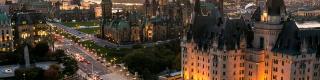Panoramic view of downtown Ottawa with Parliament Hill, Fairmont Château Laurier and Government Conference Centre
