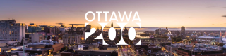 Skyline of Ottawa at night, with overlay logo "Ottawa 200". 