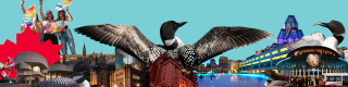 Collage of Ottawa landmarks and loons on a turquoise background. 