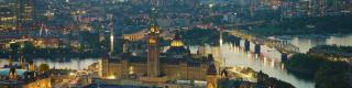 Aerial view of Parliament Hill and the Ottawa River. 